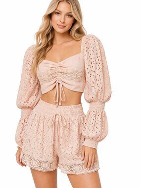Surf Gypsy Eyelet Crochet Crop Top Shorts Set Blush S